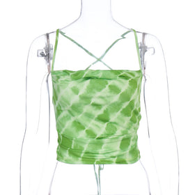 Trendy Women Sleeveless Tie Dye Backless Bandaged Green Sexy Crop Tops