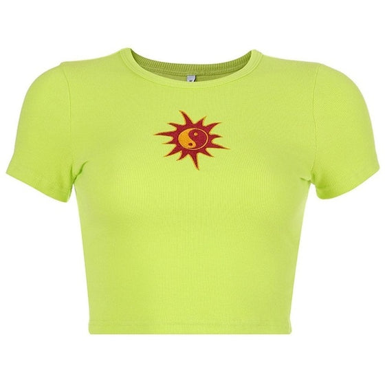 Green Summer T shirt| Short Sleeve Sun Embroidery