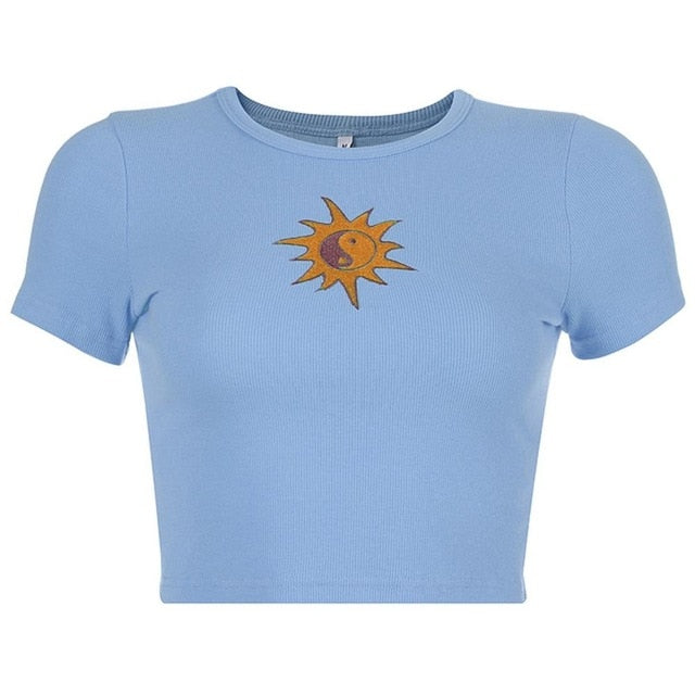 Green Summer T shirt| Short Sleeve Sun Embroidery