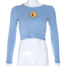 Green Summer T shirt| Short Sleeve Sun Embroidery