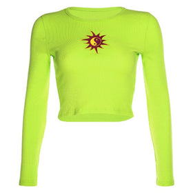 Green Summer T shirt| Short Sleeve Sun Embroidery